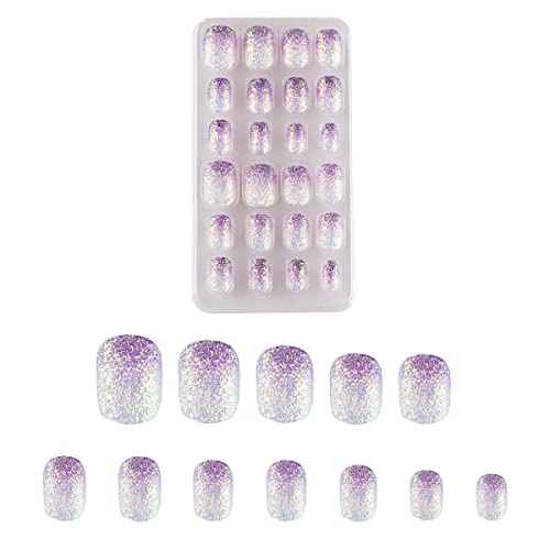 24 Pcs Gradient Purple Kids Press on Nails Pre-glue Children False Nails Short Oval Full Cover Artificial Fake Nails Holo Glitter Acrylic Nail Tips for Little Girls Gift