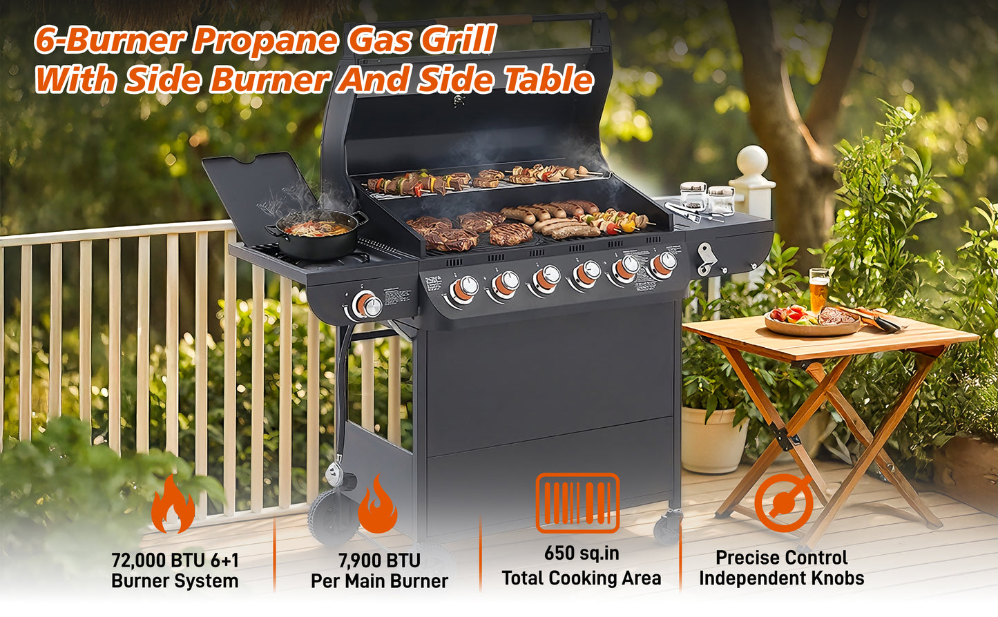 6 Burner Propane Gas Grill with Side Burner - 72000 BTU