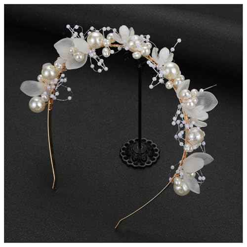 Flower Headband for Women Girls, Wedding Bridal Pearl Headpiece Hairband Hair Accessories for Prom Birthday Party (Gold, One Size)