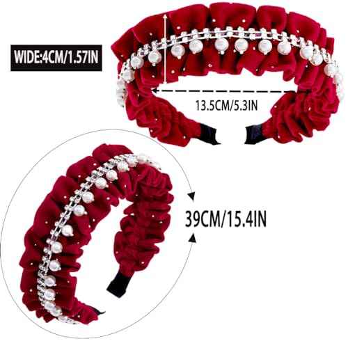Red Headbands Pearl Headband Rhinestone Head Band wrinkle hairband Glittering Jewelry velvet Hair Hoop For Women (Red)