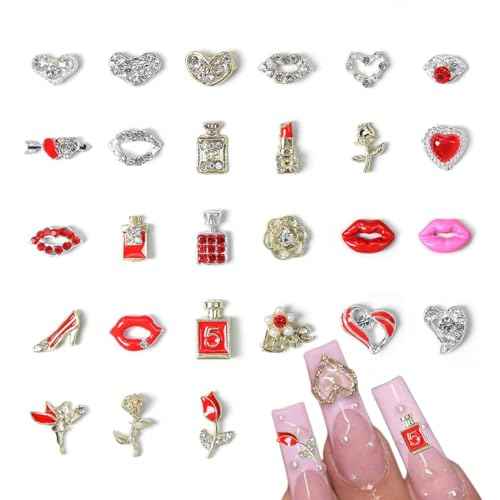 27Pcs Valentine's Day 3D Nail Charms Press ON Nails Heart Nail Rhinestone Decals Lip Mark Shaped Nail Art Valentine Love Lips Beautiful Look for Nail Jewelry Lipstick Rose Alloy Nail Gems Decorations