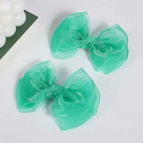Green Hair Bow Clips 4 inch Mesh Ribbon Tulle Hairbow Barrettes Cute Handmade Christmas Party Dress outfit Decoration Accessories Easter Gift for School Kids Teens Toddler Girls Women