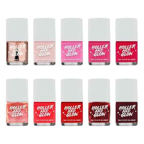 Holler and Glow Reds Miniature Nail Polish Holiday Gift Set, Mini Size, Limited Edition, Base Coat, Top Coat, High Shine, Glossy, Long Wearing, Quick Dry, Teen Girl Gifting, 10 Piece Set