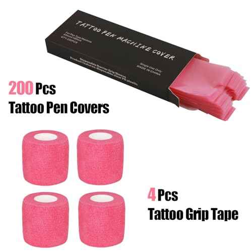 200 Pink Tattoo Pen Covers & 4 Grip Tapes - Large Tattoo Machine Covers & Tattoo Tape Wrap - Tattoo Supplies