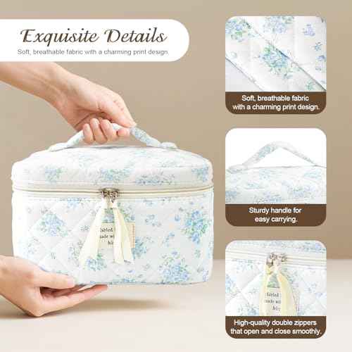 Large Travel Quilted Makeup Bag for Women, Floral Cotton Cosmetic Bag Cute Coquette Aesthetic Floral Toiletry Organizer Bag for Girls Little Blue Rose Cosmetic Zipper Storage Bag