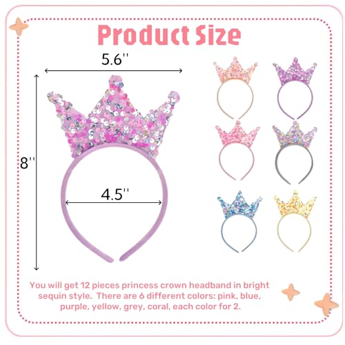 12 Pack Princess Crown Headband, Glitter Sequin Crown Headband, Shiny Tiaras and Crowns Hair Accessories for Birthday Party, Proms, Gifts