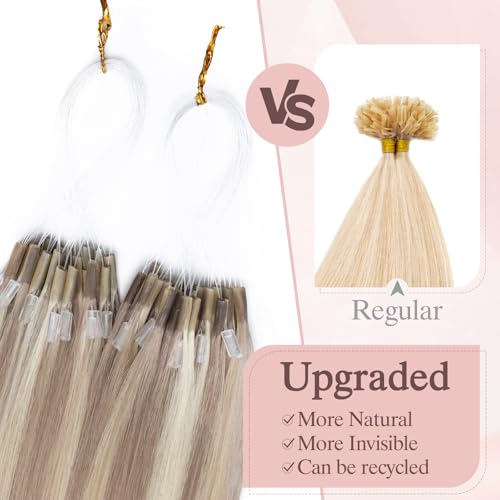 50pcs U Tip Hair Extensions, Micro Ring Human Hair Extensions, Upgraded K Tip Hot Fusion, Long Straight Keratin Extensions, 22 inches, Gold Brown mixed Bleach Blonde, 50g/pack