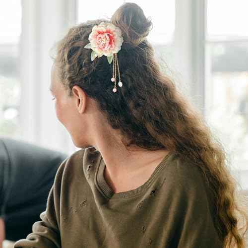 2 Pcs Flower Chinese Tassel Hair Stick Silk Artificial Blossom Hair Pins Japanese Hanfu Hair Chopsticks Retro Floral Crystal Pearl Wedding Headpiece Brides Hair Styling Accessories for Long Hair Women
