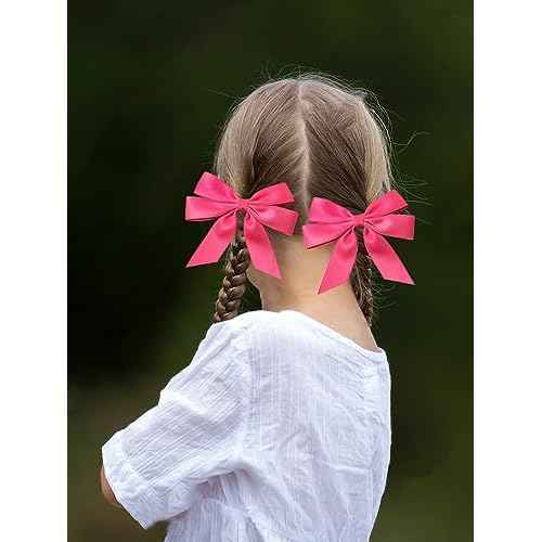 Furling Pompoms Cute Hair Bow Clip with Tail, Ribbon, Hot Pink, 2pcs - Party Hair Accessories for Women