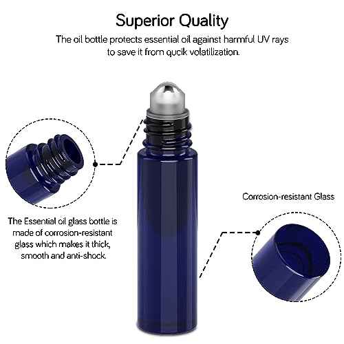 PrettyCare Essential Oil Roller Bottles 6-Pack, 10ml Amber & Blue Glass Bottles with Leakproof Caps & Funnel, Empty Refillable Containers for Aromatherapy, Perfume, Gift Making