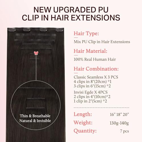 DOORES Clip in Hair Extensions Set 16 Inch 130g, 4pcs Invisi Edge Clip ins and 3pcs Classic Seamless Clip ins, Injected Virgin Real Human Hair Extensions Natural Invisible Straight, #2