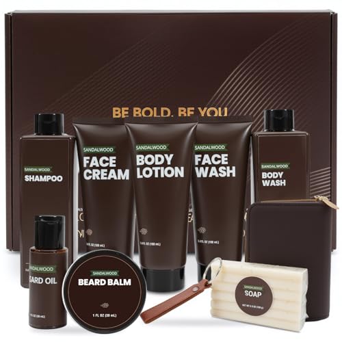 Rinse & Robust Beard Kit for Men, Sandalwood Beard Care Kit for Him Beard Oil Gift Baskets, Body Lotion, Beard Balm, Body Wash, Christmas Gifts for Men Dad Boyfriend Husband Valentines Birthday
