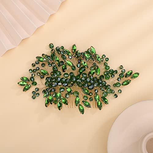 Green Crystal Rhinestone Hair Comb, Handmade Fashion Jewelry Hair Accessory for Women and Girls, Teardrop Rhinestone Headband with Green Beads, Size 15*10CM, Ideal for Wedding and Parties