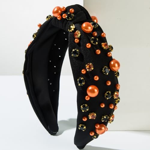 Halloween knotted Headband for Women Fashion Black Rhinestone Pearl Headband Hair Accessory, Costume Party Outfits Gifts