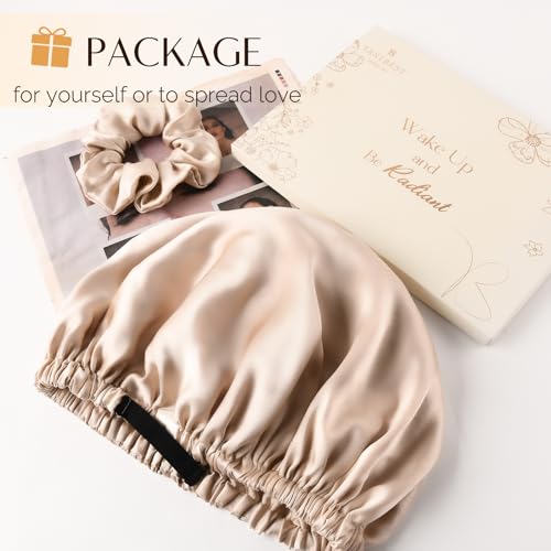 YANIBEST 22 Momme 100% Mulberry Silk Sleep Cap Silk Bonnet for Women - Natural Silk Sleeping Cap Hair Bonnet & Silk Scrunchies