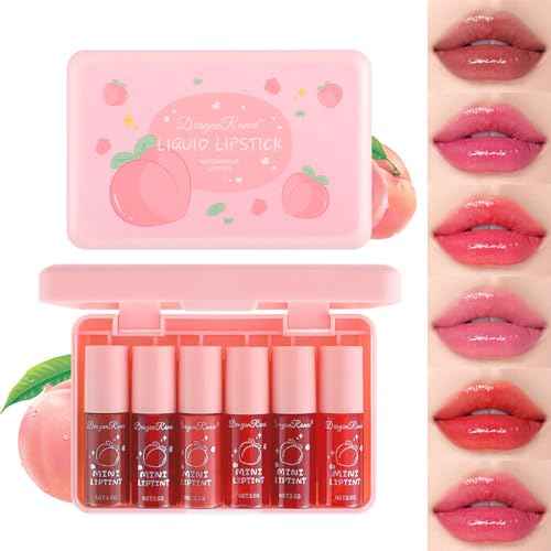 Eakroo 6 Colors Peach Lip Stain Set, Korean Lip Gloss Mini Liquid Lip Tint, Lipstick for Women, Liquid Blush, Lip Plumper, Lip Stain Long Lasting Waterproof, High Pigment, Vivid Color, Cute Stuff