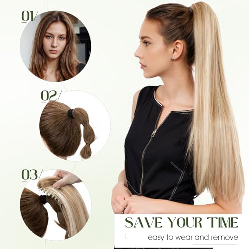 Ponytail Extension, 16 Inch Claw Clip Ponytail Extension Human Hair Long Straight Jaw Clip in Real Hair Pony Tails Hairpieces for Women Golden Brown & Bleach Blonde