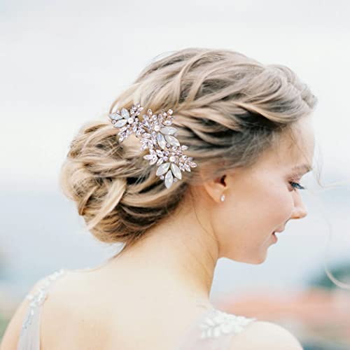 Foyte Crystal Wedding Hair Comb Leaf Bride Headpiece Silver Rhinestone Opal Hair Piece Bridal Side Hair Accessories for Women