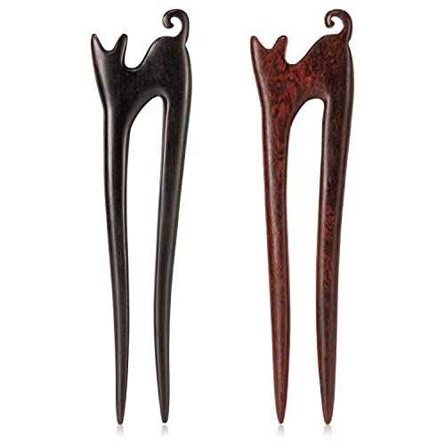 2PCS Wooden Hair Sticks French Twist Hair Pin, Handmade Ebony Sandalwood Hair Forks Hair Sticks for Buns, Vintage Chinese Hair Pins Hair Chopsticks for Long Thick Hair Women Chignon Bun Updo Hairstyle