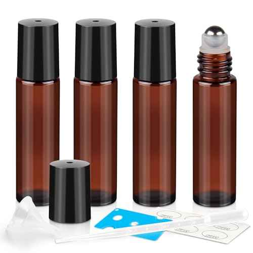 ZEJIA 10ml Roller Bottles for Essential Oils, 4 Pack Glass Roll on Bottles, Refillable Perfume Bottle, with Stainless Steel Roller Balls, 2 Droppers, 1 Opener, Labels (Amber)