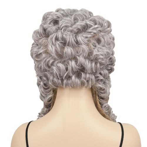 Aimole Curly Grey Judge Lawyer Wig Synthetic Long Wigs for Men Colonial Barristers Wig Halloween Cosplay Christmas Party Costume Hair (#53)
