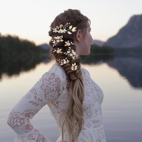 10PCS Gold Leaf Wedding Hair Pins Rhinestone Pearl Hair Jewelry Accessories Crystal Vintage Wedding Hair Styling Pins for Brides Bridesmaids and Flower Girls