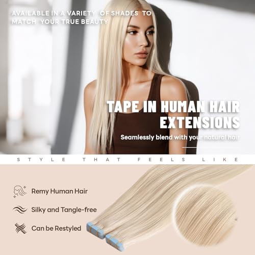 Tape in Hair Extensions Human Hair 20 Inch 50g 20Pcs Remy Human Hair Extensions Invisible Straight Seamless Tape in Extensions (20in, 50g, #16/22)