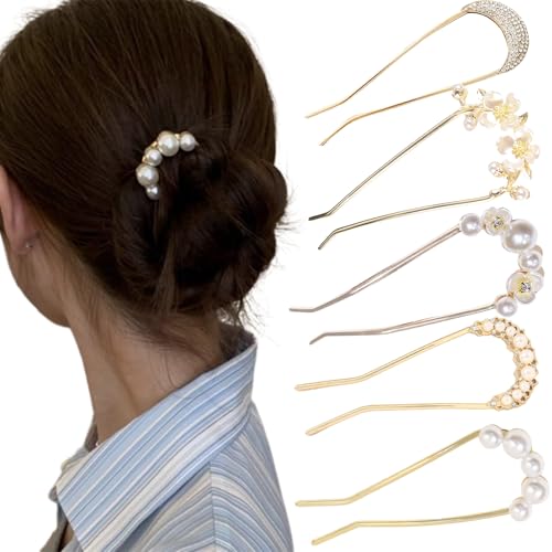 5 Pcs U Shaped Gold Metal Hair Fork Pins Vintage French Hair Forks Pearl Flower Rhinestone U Shaped French Hair Pins Decorative Hair Accessories for Women Girls
