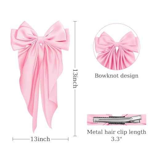 Large Satin Bow Barrettes Clips in Pink - Hair Accessories for Women