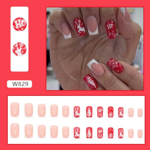 24Pcs Christmas Press-on Nails Medium Square Coffin Shaped White French Tip Nails Tips Full Cover Glue on Nails Xmas Tree Deer Snowflake Design Christmas False Nails