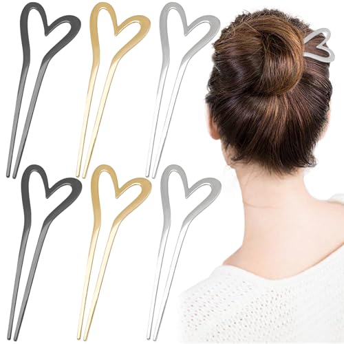 6 Pcs Metal U Shaped Hair Pins Heart Hair Sticks Large French Hairpins Vintage Hair Fork Elegant Hairstyle Chignon Accessories for Women Girls