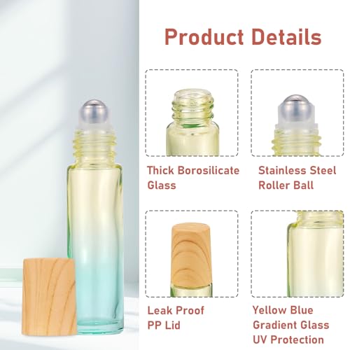 8Pcs 10mL (1/3 oz) Glass Roll on Bottles Yellow Blue Gradient Roller Vials Leak Proof Travel Size DIY Craft Container for Essential Oils Perfume Lip Balms