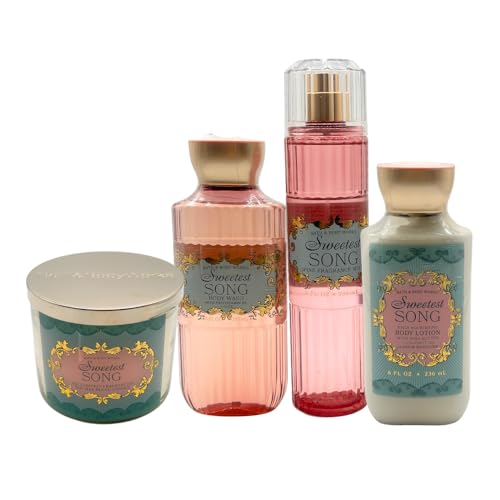 Bath & Body Works SWEETEST SONG 4-piece Deluxe Gift Set ? Fine Fragrance Mist, Body Wash, Body Lotion & 3-wick Scented Candle with Pink Tote Bag