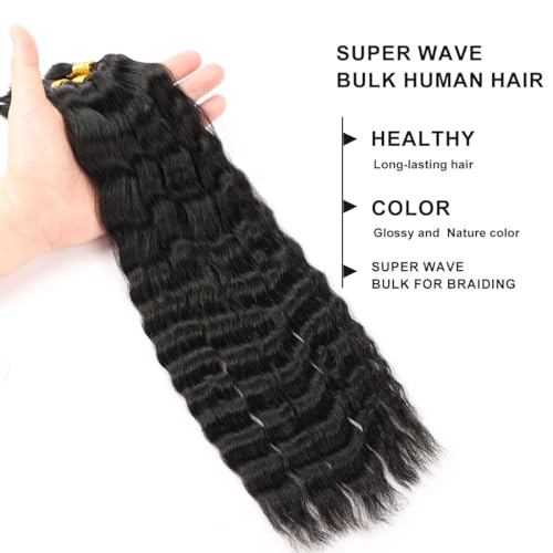 Wet and Wavy Human Braiding Hair Super Wave Bulk Hair For Braiding No Weft 100g (1Pack-4PCS) Super French Human Braiding Hair For Boho Braids (Super Wave£¨#1b£©, 24 Inch)