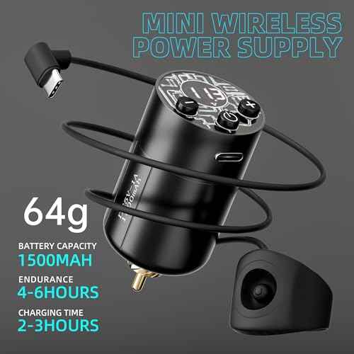 Tattoo Gun Kit with Wireless Rotary Tattoo Machine, 1500mAh Battery, 20 Tattoo Cartridge Needles, 7 Tattoo Inks, Tattoo pen for Beginners and Professionals (Black)