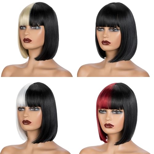 MYQUEEN Black and White Bob Wig With Bangs Cruella Deville Costume for Women Girl Kids 12 Inch Short Straight Bob Bangs Wig for Daily Party Holloween Use