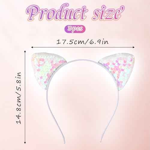 3 Pack Reversible Sequin Cat Ears Headband Glitter Sparkly Cat Hairbands Shiny Cute Kitty Headband Hair Metal Hoop Hair Accessories for Women Girls Daily Wearing and Party Decoration