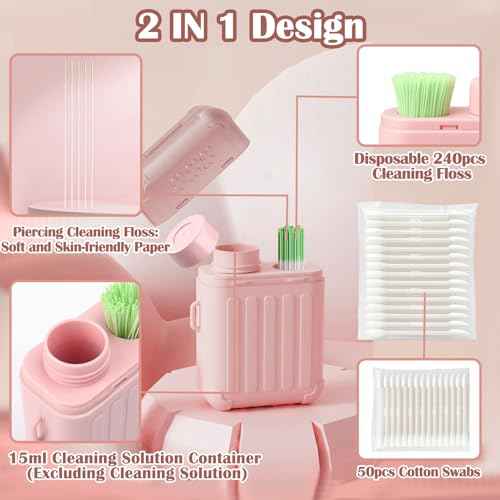 XANGNIER Ear Piercing Cleaner,Ear Piercing Cleaning Kit,Earring Hole Piercing Aftercare Cleaning Tool Set with 240pcs Disposable Ear Piercing Cleaner Floss,50pcs Cotton Swabs for Girls Women Men,Pink