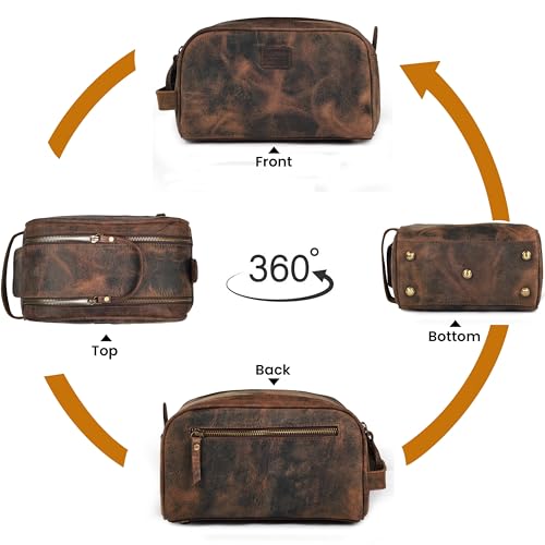 LEATHER VILLAGE Premium Leather Toiletry Travel Pouch With Waterproof Lining - Brown | King-Size Handcrafted Vintage Dopp Kit Bag