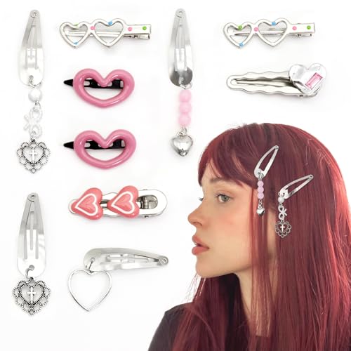 10PCS Heart Hair Clips Y2K Silver Hair Clips Metal Dangle Heart Gothic Barrettes 8 Shapes Cross Punk Hair Accessories for Women