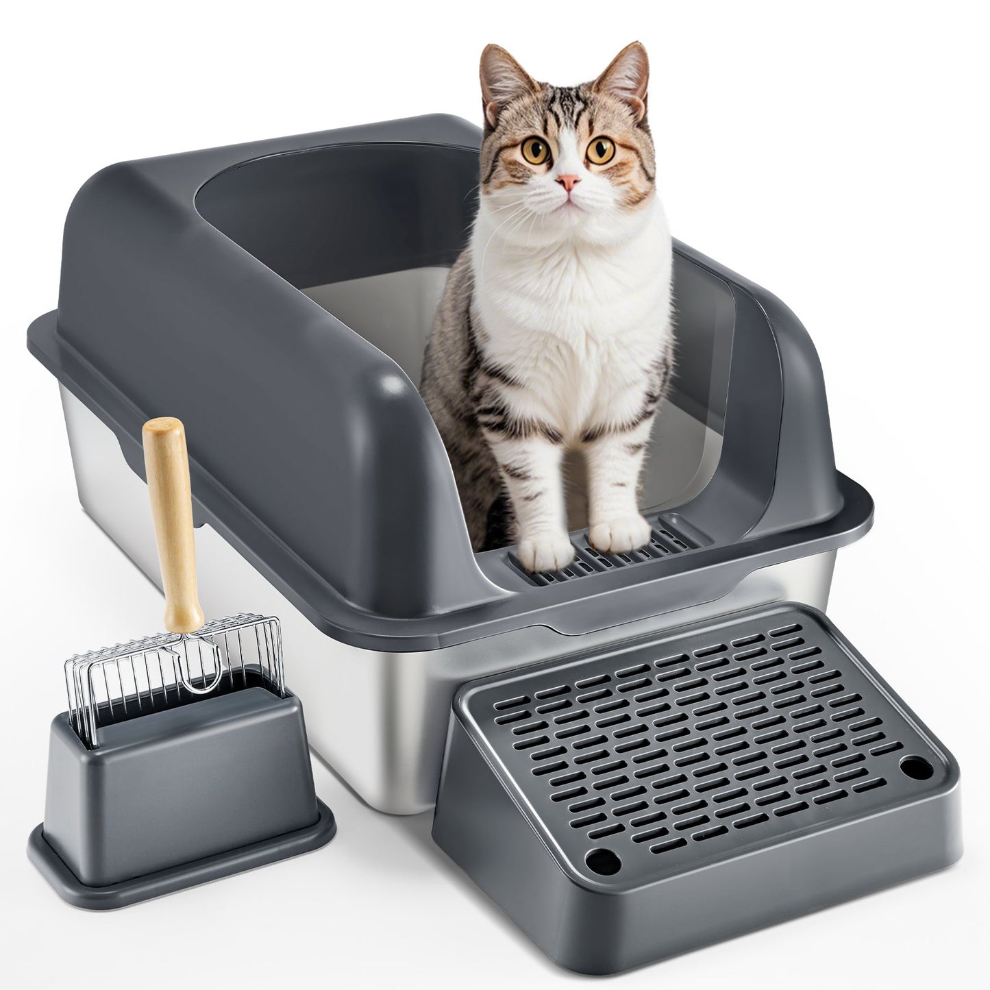 Deep Cat Litter Box with Odor-Free Filter and Foot Board - Grey