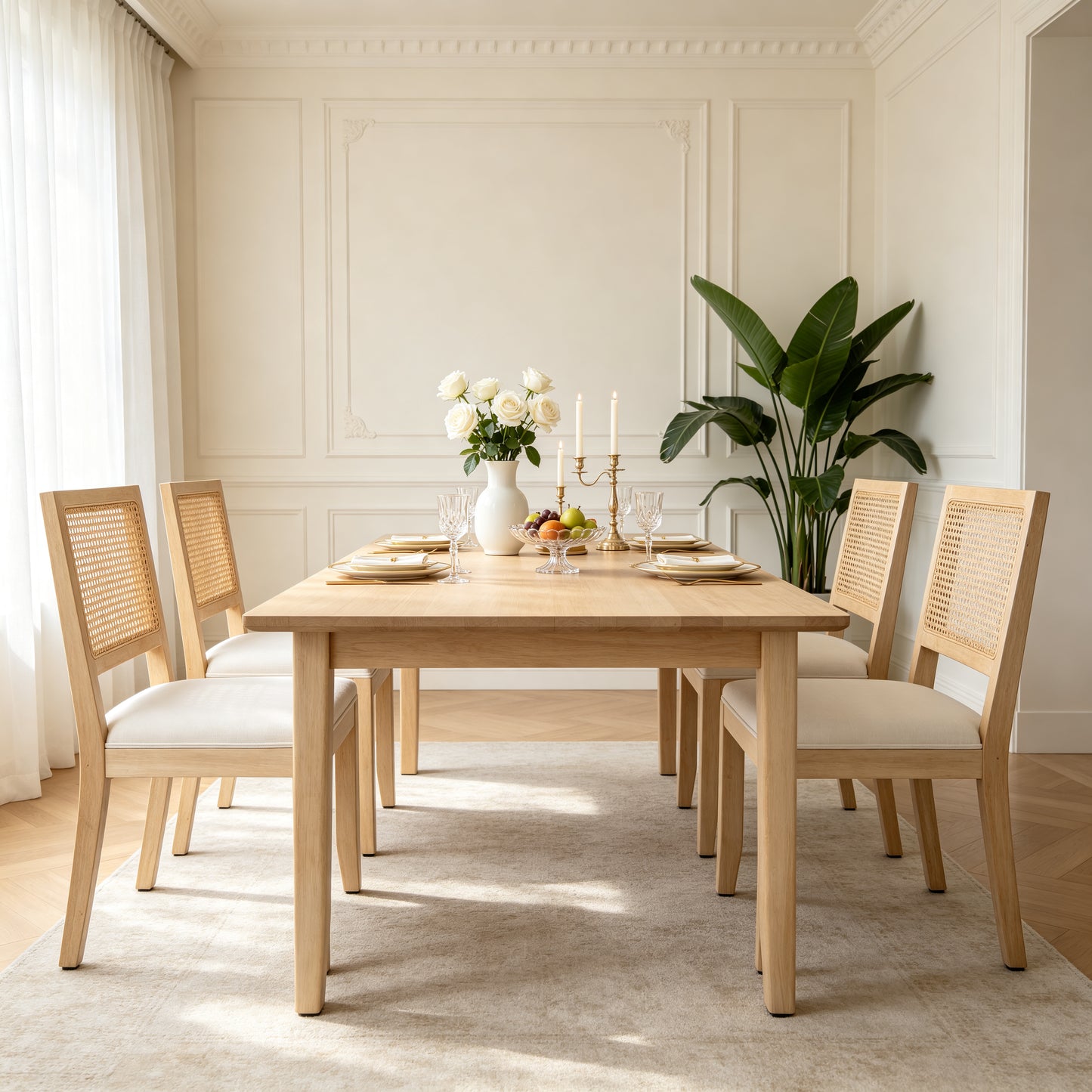 Set of 2 Mid Century Modern Rattan Dining Chairs - Beige
