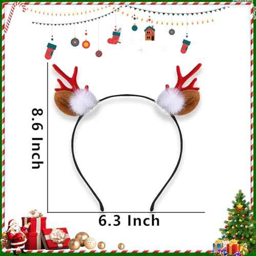 Christmas Reindeer Antlers Headband, Fur ball Red Antler Headbands, Reindeer Antlers Deer Ears Headband for Women Cute Christmas Hair Accessories