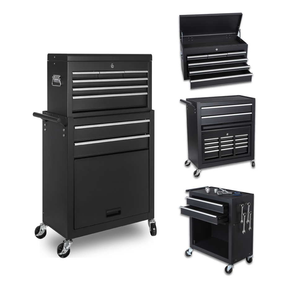 8-Drawer Rolling Tool Chest with Detachable Top Storage - Black