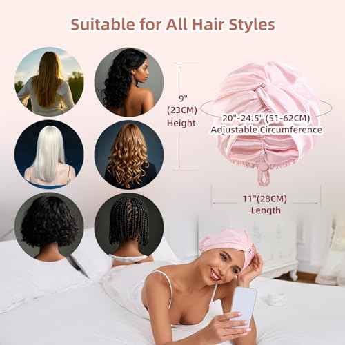 Adjustable Silk Satin Hair Bonnet for Sleeping Women, Double Layer, Silk Hair Wrap for Sleeping Women Men, Curly Natural Braid Straight Unisex - Pink