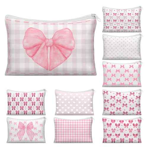 10 Pcs Pink Bow Makeup Bag Coquette Pink Bow Cosmetic Bag for Women Bow Themed Travel Zipper Pouch Coquette Party Favor for Birthday Christmas Graduation