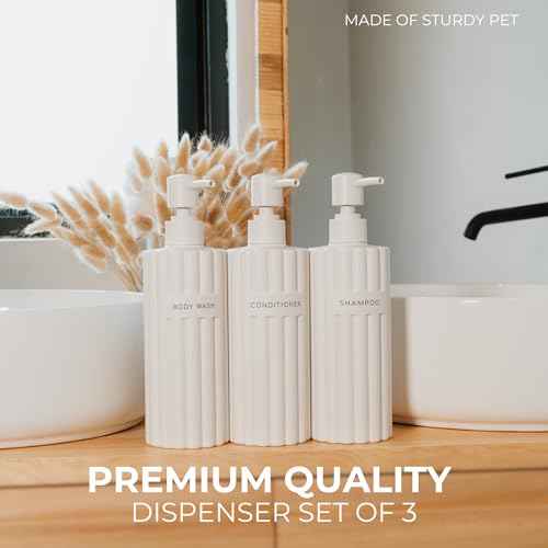 Stylish Shampoo and Conditioner Dispenser Set of 3 - Modern 19oz Shower Soap Bottles with Pump and Labels - Easy to Refill Body Wash Dispensers for an Instant Bathroom Decor Upgrade