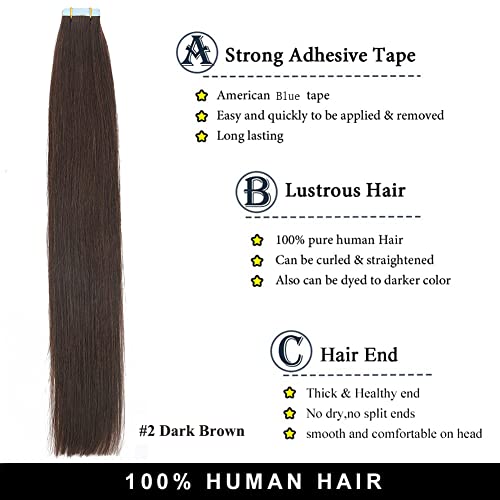 Amella Hair Tape in Hair Extensions Human Hair 100% Remy Human Hair Darkest Brown 40g/pack 20pcs Straight Seamless Skin Weft Tape in Human Hair Extensions (24 inches #2 Darkest Brown)