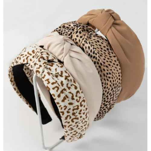 Knotted Fashion Hairbands and Hair Hoops: Non-Slip Top Knot Headbands with Leopard Print for Women and Girls - 4PCS Beige Brown Hair Accessories Set