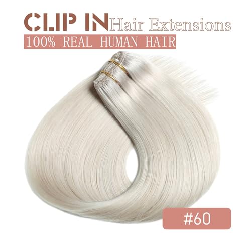 Clip in Hair Extensions Real Human Hair, Straight Remy Hair Extensions Clip ins 24 Inch #60 Platinum Blonde Human Hair Extension for Women Reusable 80g/2.82oz 5pcs